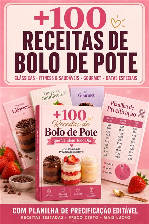 +100 Receitas de Bolo de Pote com Planilha de Precificação Editável
